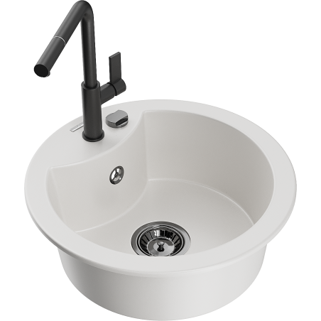 Mexen Diego 1-bowl granite sink with Flora kitchen tap, white - 6512-20-670401-70-B