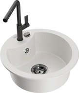 Mexen Diego 1-bowl granite sink with Flora kitchen faucet, white - 6512-20-670401-70-B