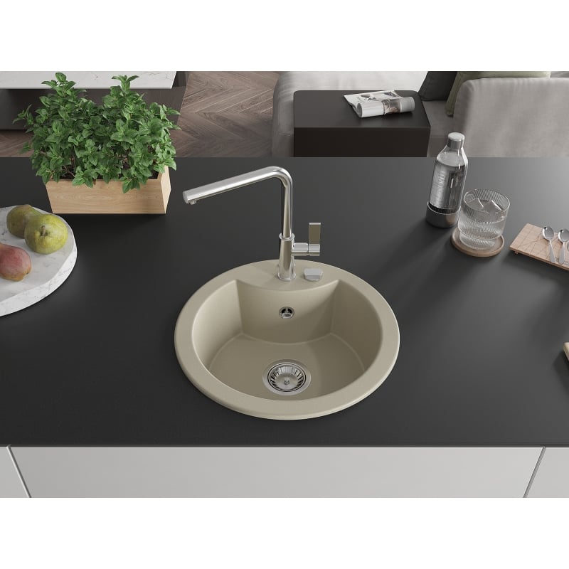 Mexen Diego granite kitchen sink 1-bowl with Flora kitchen faucet, beige - 6512-69-670401-00