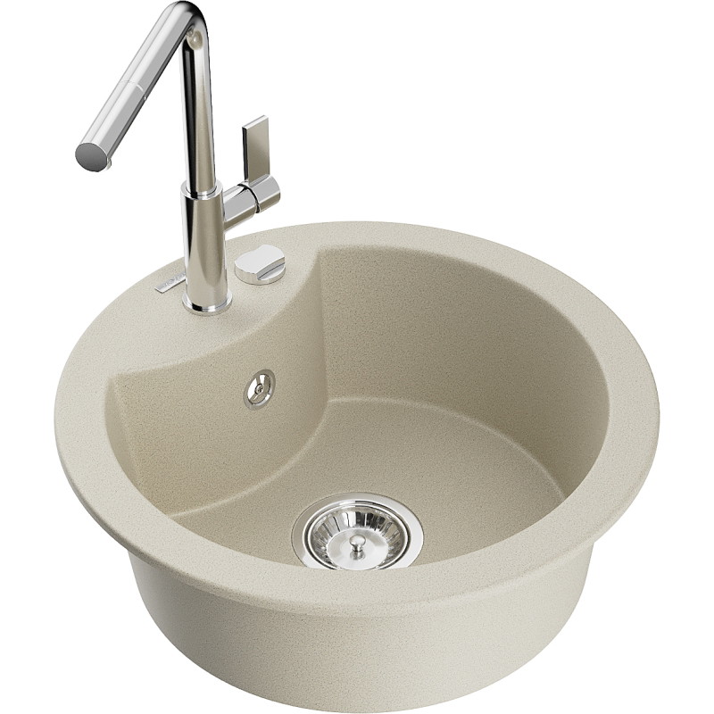 Mexen Diego 1-bowl granite sink with Flora kitchen faucet, beige - 6512-69-670401-00