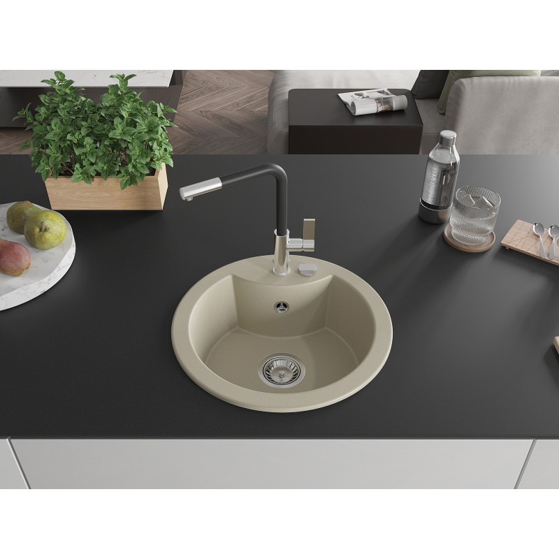 Mexen Diego granite kitchen sink 1-bowl with Flora faucet, beige - 6512-69-670401-07