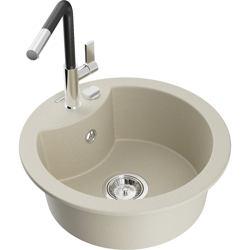 Mexen Diego granite kitchen sink 1-bowl with Flora kitchen faucet, beige - 6512-69-670401-07