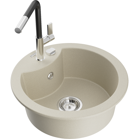 Mexen Diego granite kitchen sink 1-bowl with Flora faucet, beige - 6512-69-670401-07