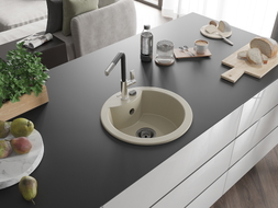Mexen Diego 1-Bowl Granite Sink with Flora Kitchen Faucet, Beige - 6512-69-670401-07-B