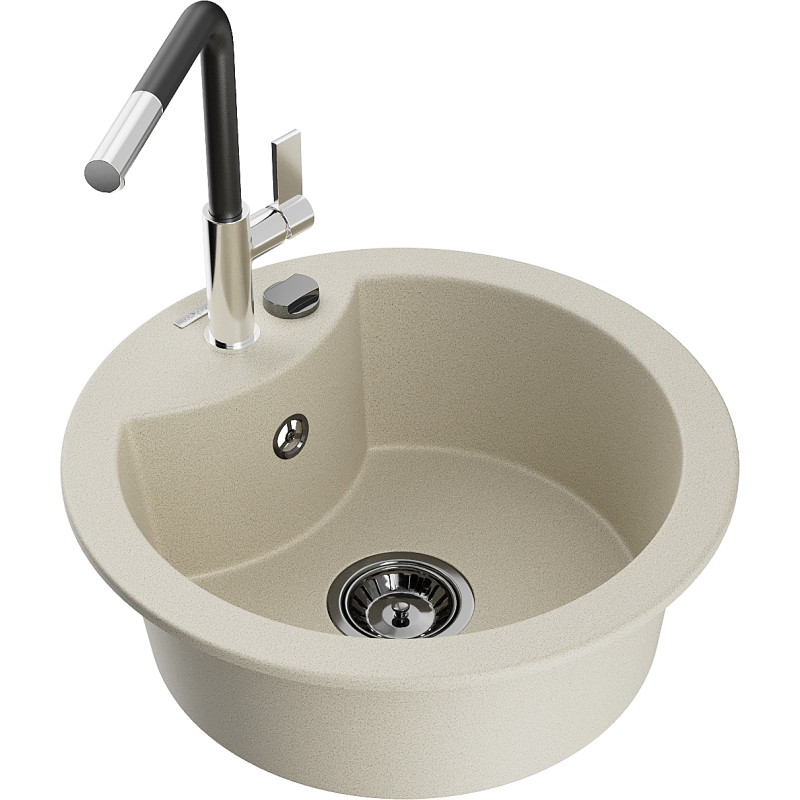 Mexen Diego 1-Bowl Granite Sink with Flora Kitchen Faucet, Beige - 6512-69-670401-07-B