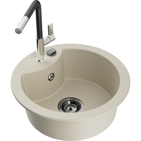 Mexen Diego 1-Bowl Granite Sink with Flora Kitchen Faucet, Beige - 6512-69-670401-07-B