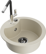 Mexen Diego 1-Bowl Granite Sink with Flora Kitchen Faucet, Beige - 6512-69-670401-07-B