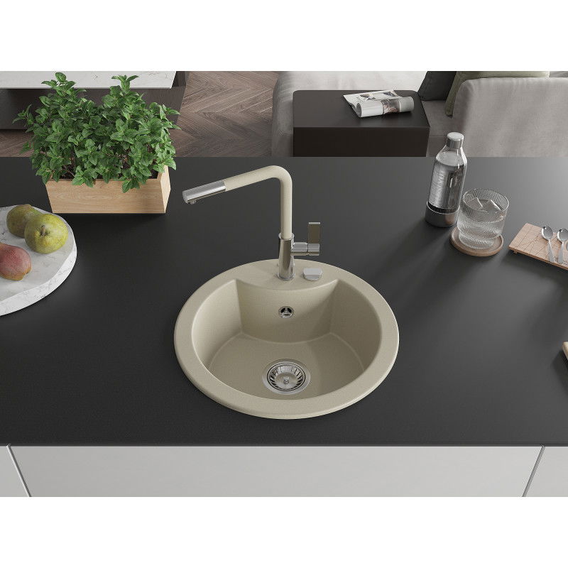Mexen Diego granite sink 1-bowl with Flora kitchen tap, beige - 6512-69-670401-09