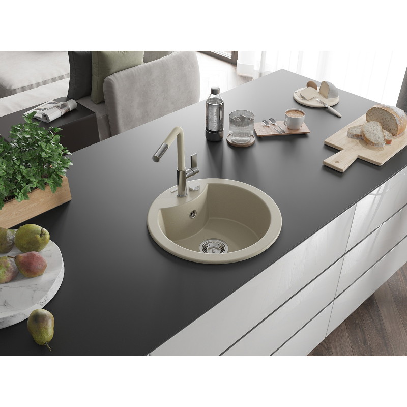 Mexen Diego single-bowl granite sink with Flora kitchen faucet, beige - 6512-69-670401-09