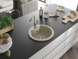 Mexen Diego granite sink 1-bowl with Flora kitchen tap, beige - 6512-69-670401-09