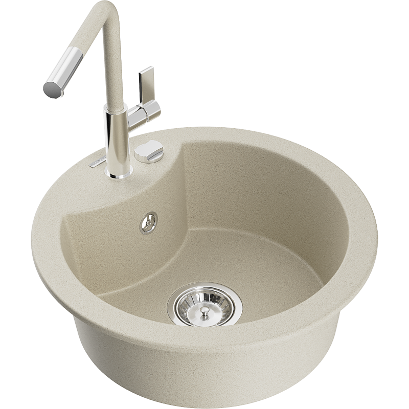 Mexen Diego granite sink 1-bowl with Flora kitchen tap, beige - 6512-69-670401-09