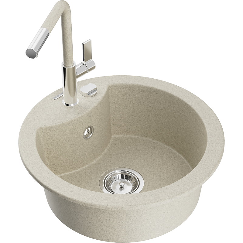 Mexen Diego single-bowl granite sink with Flora kitchen faucet, beige - 6512-69-670401-09