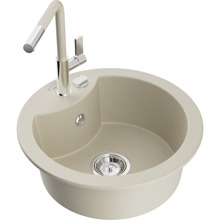 Mexen Diego 1-compartment granite sink with a kitchen mixer tap Flora, Beige - 6512-69-670401-09