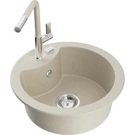 Mexen Diego granite sink 1-bowl with Flora kitchen tap, beige - 6512-69-670401-09