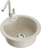 Mexen Diego granite sink 1-bowl with Flora kitchen tap, beige - 6512-69-670401-09