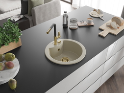 Mexen Diego 1-bowl granite sink with Flora kitchen faucet, beige - 6512-69-670401-57-G