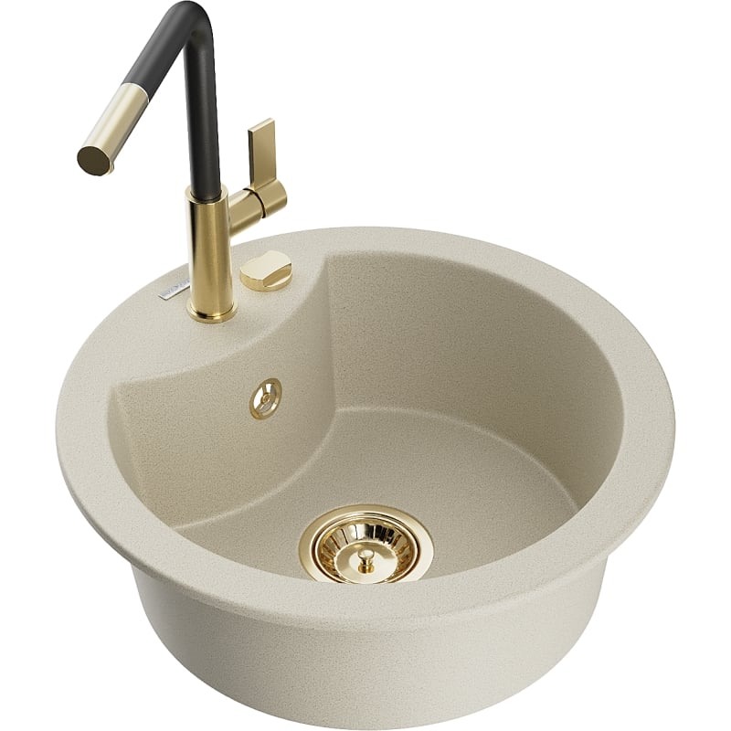 Mexen Diego 1-bowl granite sink with Flora kitchen faucet, beige - 6512-69-670401-57-G