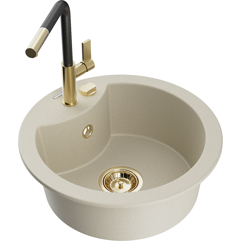 Mexen Diego 1-compartment granite sink with a kitchen mixer tap Flora, Beige - 6512-69-670401-57-G