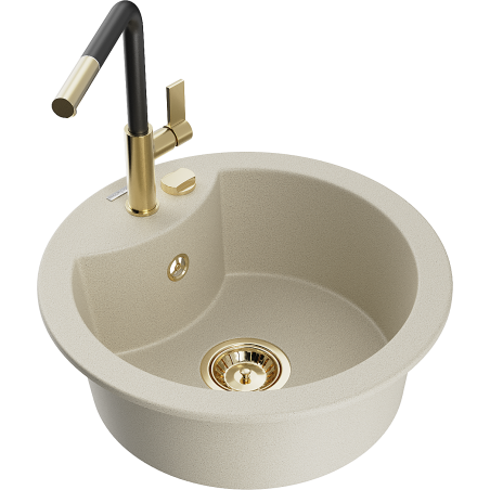Mexen Diego 1-bowl granite sink with Flora kitchen faucet, beige - 6512-69-670401-57-G