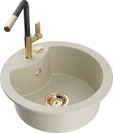 Mexen Diego 1-bowl granite sink with Flora kitchen faucet, beige - 6512-69-670401-57-G