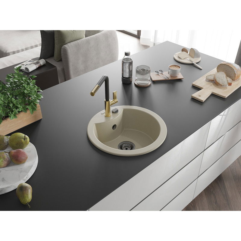 Mexen Diego 1-Bowl Granite Sink with Flora Kitchen Tap, Beige - 6512-69-670401-57-B