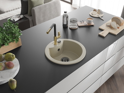 Mexen Diego 1-Bowl Granite Sink with Flora Kitchen Tap, Beige - 6512-69-670401-57-B
