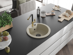 Mexen Diego granite kitchen sink 1-bowl with Flora kitchen faucet, beige - 6512-69-670401-57-B