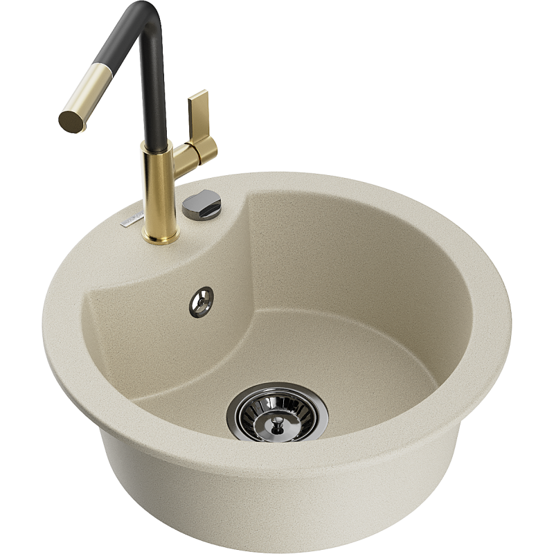 Mexen Diego 1-Bowl Granite Sink with Flora Kitchen Tap, Beige - 6512-69-670401-57-B