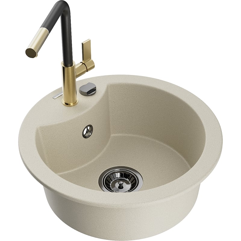 Mexen Diego granite kitchen sink 1-bowl with Flora kitchen faucet, beige - 6512-69-670401-57-B