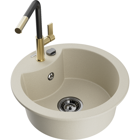 Mexen Diego granite kitchen sink 1-bowl with Flora kitchen faucet, beige - 6512-69-670401-57-B