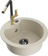 Mexen Diego 1-Bowl Granite Sink with Flora Kitchen Tap, Beige - 6512-69-670401-57-B