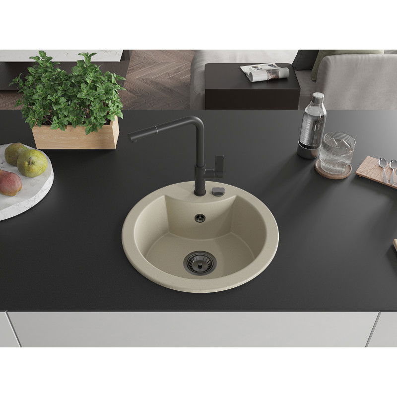 Mexen Diego granite sink 1-bowl with Flora kitchen tap, beige - 6512-69-670401-70-B