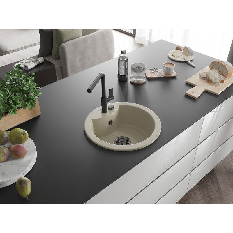 Mexen Diego granite sink 1-bowl with Flora kitchen tap, beige - 6512-69-670401-70-B