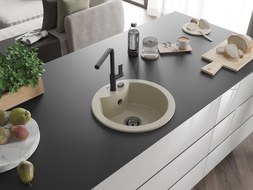Mexen Diego granit sink 1-bowl with Flora kitchen faucet, beige - 6512-69-670401-70-B