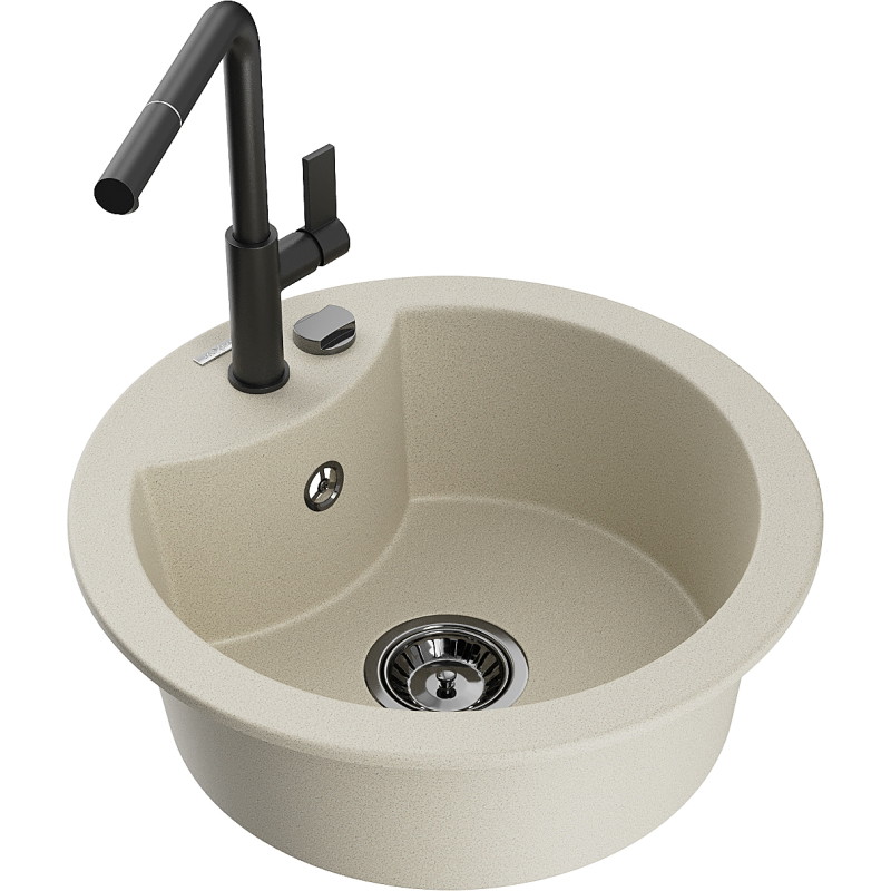 Mexen Diego granit sink 1-bowl with Flora kitchen faucet, beige - 6512-69-670401-70-B
