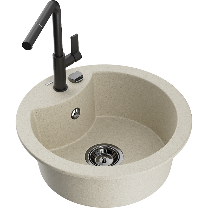 Mexen Diego granite sink 1-bowl with Flora kitchen tap, beige - 6512-69-670401-70-B