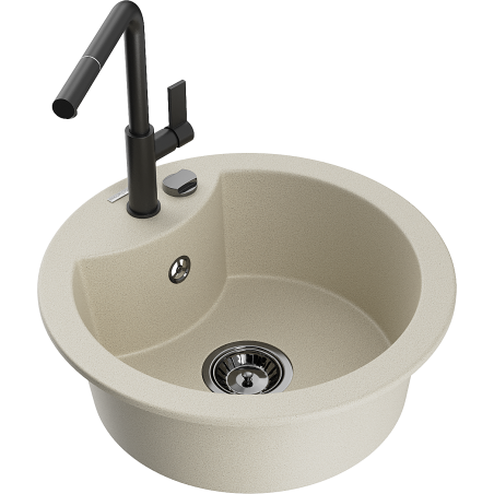 Mexen Diego granit sink 1-bowl with Flora kitchen faucet, beige - 6512-69-670401-70-B