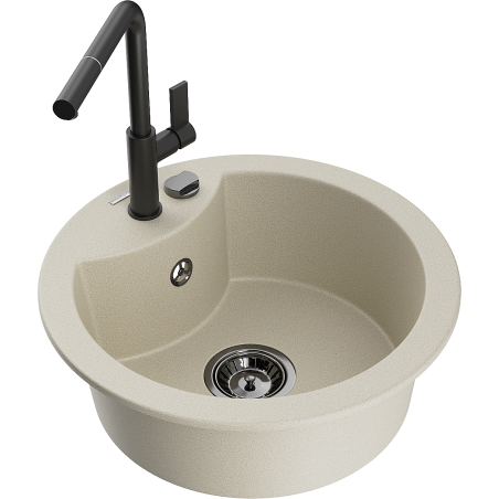 Mexen Diego granite sink 1-bowl with Flora kitchen tap, beige - 6512-69-670401-70-B