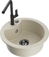 Mexen Diego granite kitchen sink 1-bowl with Flora kitchen faucet, beige - 6512-69-670401-70-B