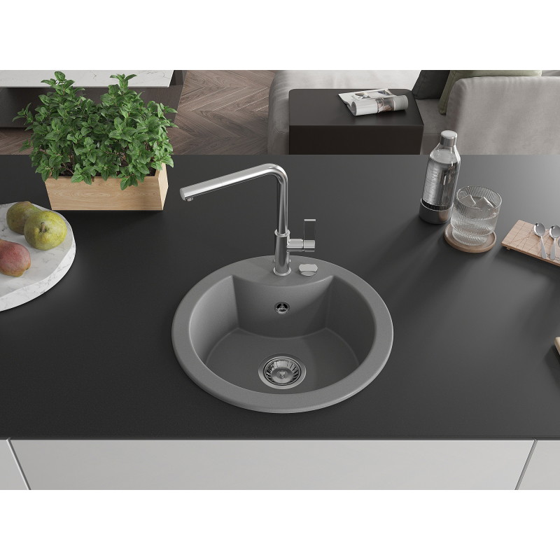 Mexen Diego 1-bowl granite sink with Flora kitchen faucet, gray - 6512-71-670401-00