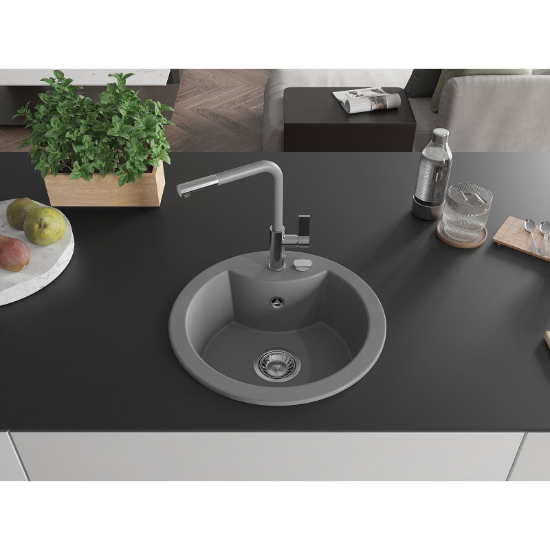 Mexen Diego granite kitchen sink 1-bowl with Flora kitchen faucet, gray - 6512-71-670401-06