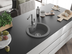 Mexen Diego granite kitchen sink 1-bowl with Flora kitchen faucet, gray - 6512-71-670401-06