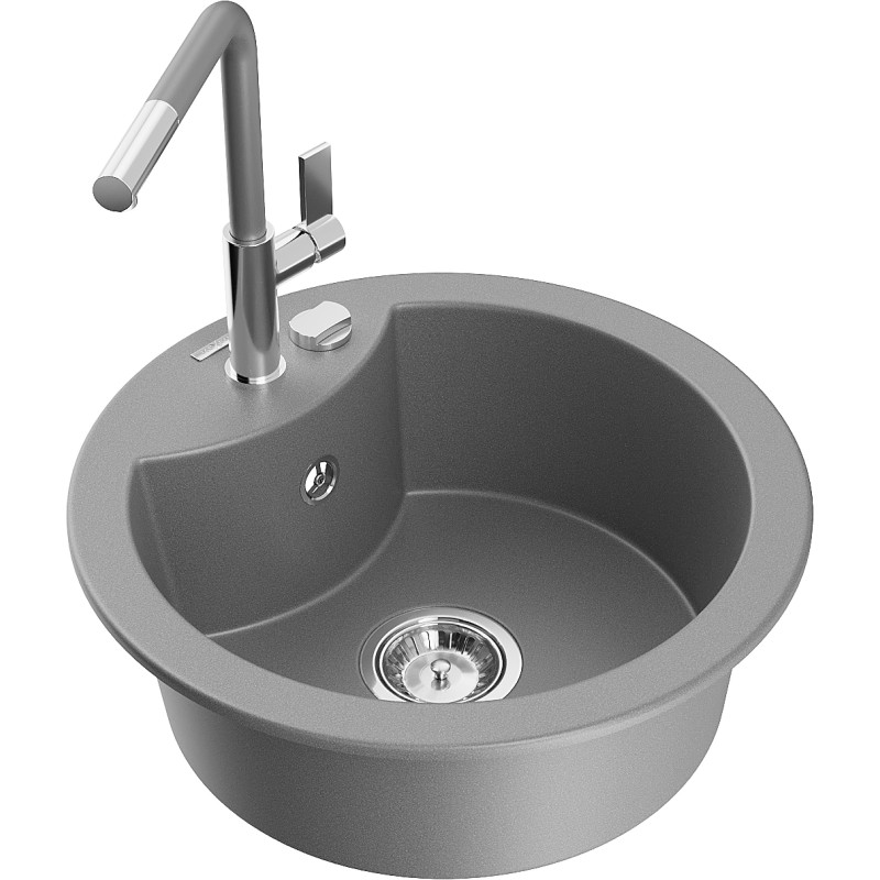 Mexen Diego granite kitchen sink 1-bowl with Flora kitchen faucet, gray - 6512-71-670401-06