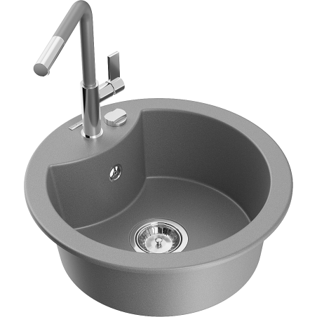 Mexen Diego granite kitchen sink 1-bowl with Flora kitchen faucet, gray - 6512-71-670401-06