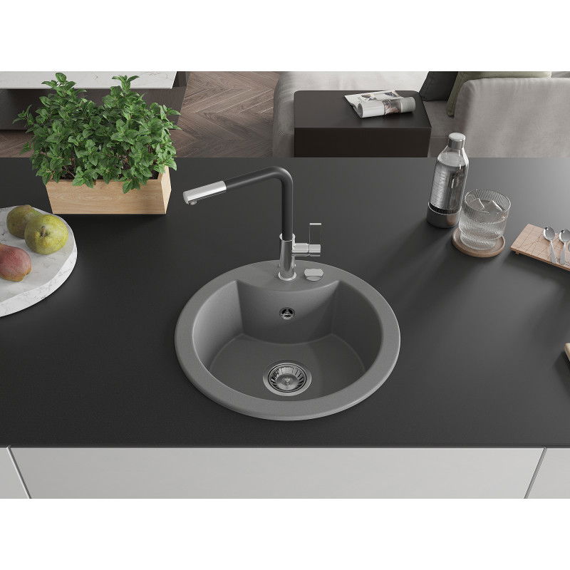 Mexen Diego 1-bowl granite sink with Flora kitchen tap, grey - 6512-71-670401-07