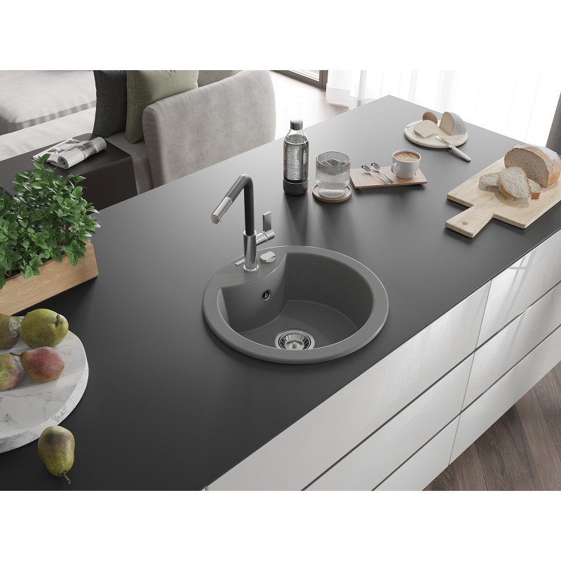 Mexen Diego 1-bowl granite sink with Flora kitchen faucet, gray - 6512-71-670401-07