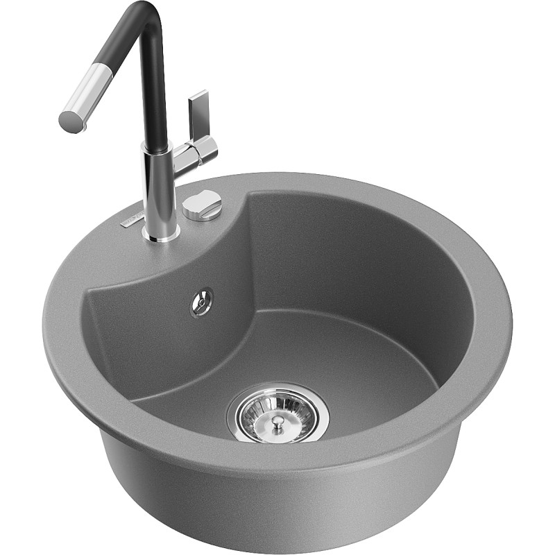 Mexen Diego 1-bowl granite sink with Flora kitchen faucet, gray - 6512-71-670401-07