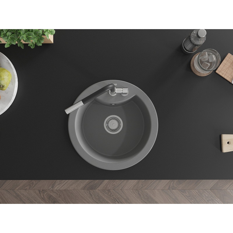 Mexen Diego 1-bowl granite sink with Flora kitchen faucet, gray - 6512-71-670401-07