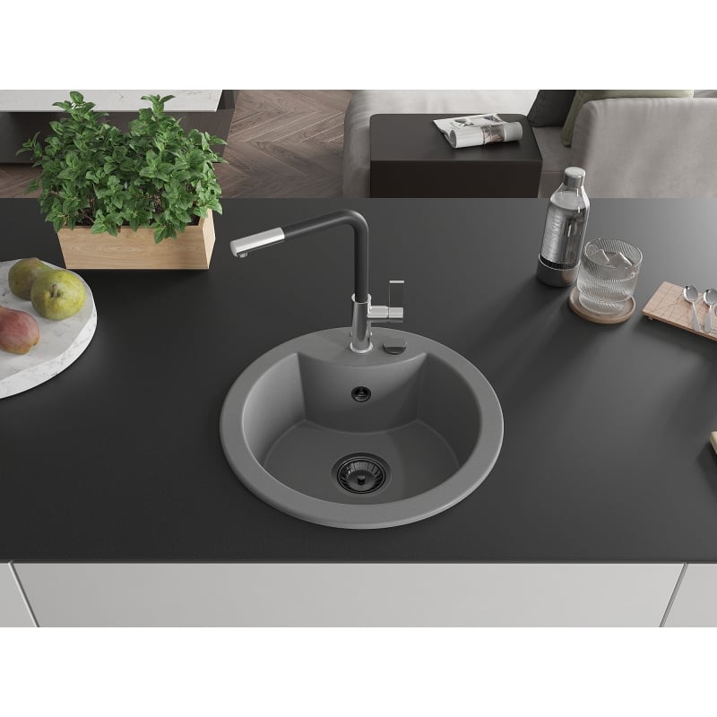 Mexen Diego 1-bowl granite sink with Flora kitchen faucet, gray - 6512-71-670401-07-B