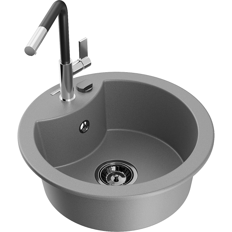 Mexen Diego 1-Bowl Granite Kitchen Sink with Flora Kitchen Tap, Grey - 6512-71-670401-07-B